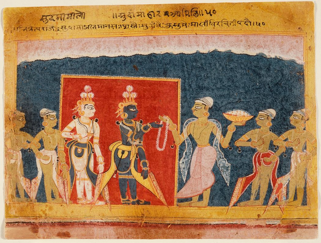 Sudama offers a garland to Krishna, (Source: Bhagavata Purana)